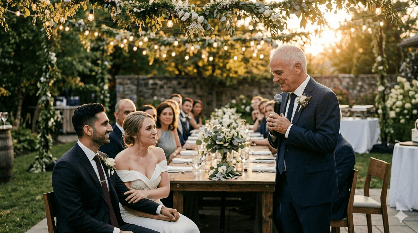 A father of the bride giving a heartfelt wedding speech outdoors at golden hour, while his adult daughter listens with visible emotion beside her partner.