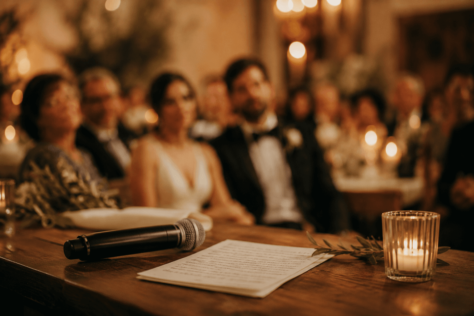 A microphone and printed wedding speech notes on a reception table.