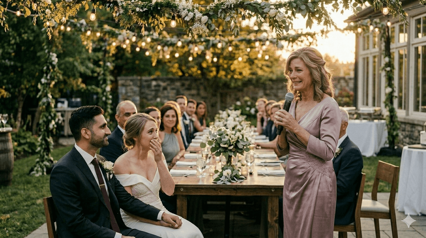 A mother of the bride giving a heartfelt wedding speech outdoors at golden hour, while her adult daughter listens with visible emotion beside her partner.